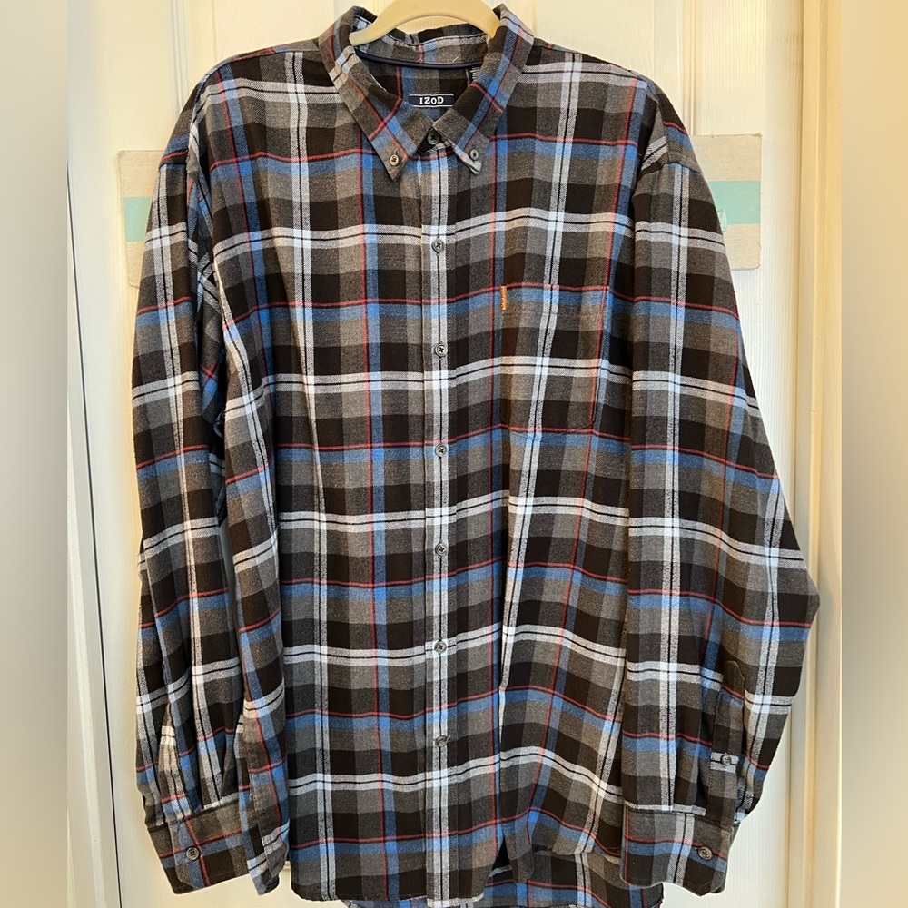 Izod Black & Blue Plaid Flannel Button Front Shirt Sz 2X